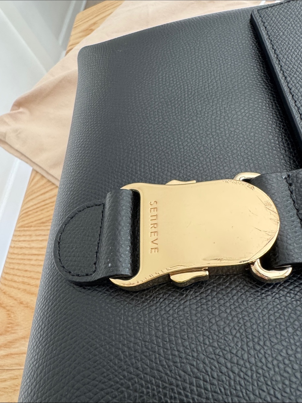 Senreve Cadence Shoulder Bag Black Pebbled Leather with Gold Buckle - Picture 10 of 14